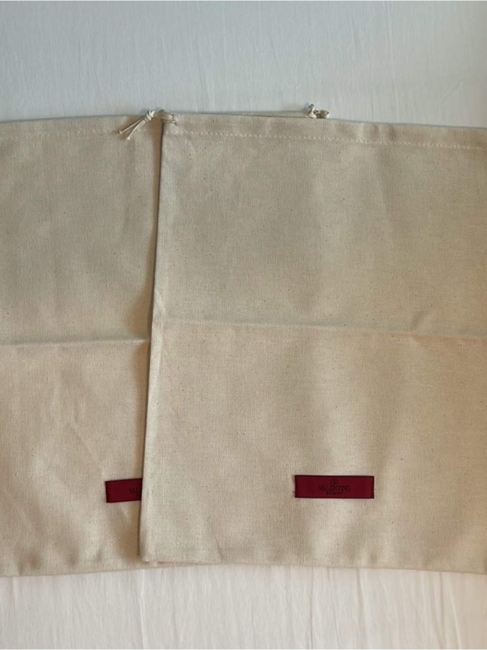2 Valentino Garavani Natural Canvas Dust Shoe Bags with Red Logo Patch